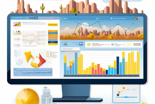 Graphic representing local SEO in Phoenix with charts and desert scenes on and around a computer monitor